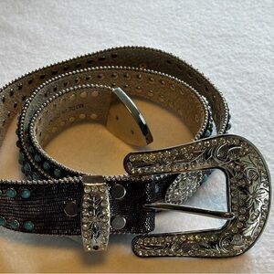 Women’s Angel Ranch Turquoise‎ Studded Western Belt L Rhinestone Buckle Leather